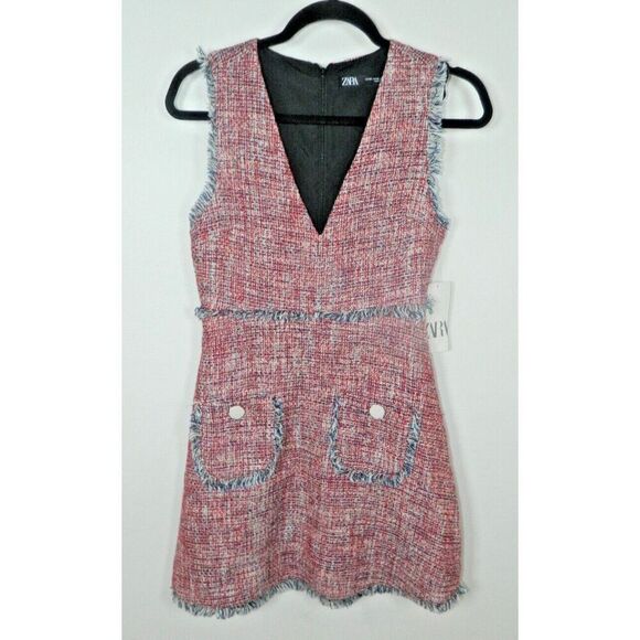 Zara Dress Size X-Small Red Blue Tweed Fringe Pocket Sleeveless Frayed Trim - Picture 10 of 13